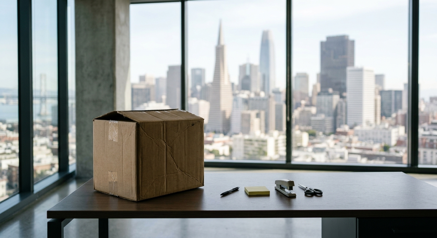 a folded cardboard moving box and a few basic office supplies sitting on an empty desk inside a modern corporate office, with a blurred view of downtown San Fra