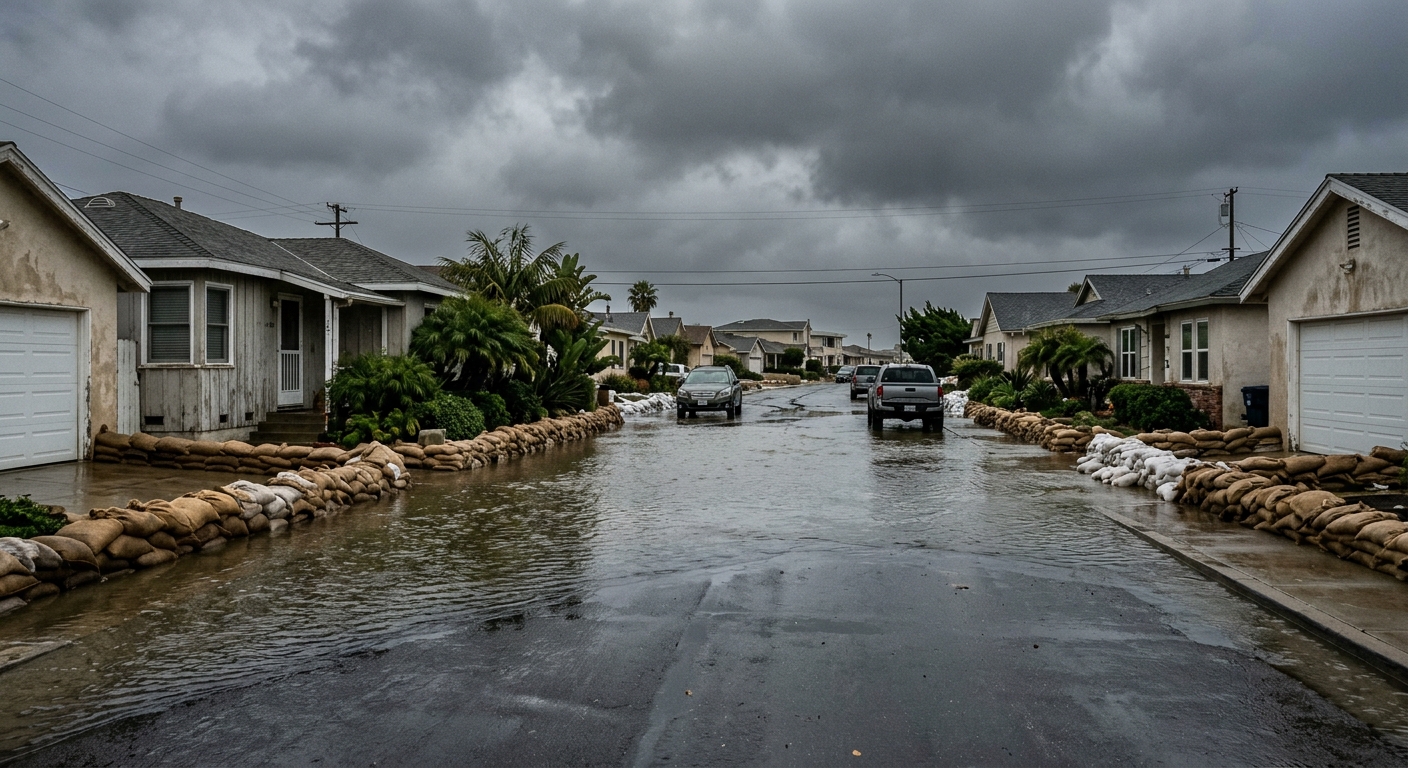 a flooded residential street in a coastal California neighborhood, with seawater pooling on the asphalt and sandbags stacked along the curbs and driveways of wa