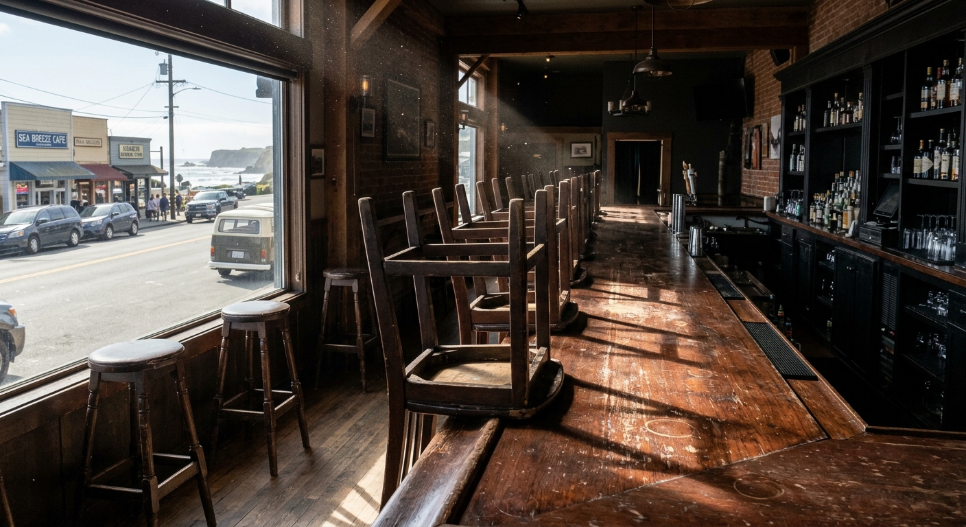 an empty wooden bar counter inside a local pub, with heavy wooden bar stools placed upside down on the counter, dust motes visible in the sunlight streaming thr